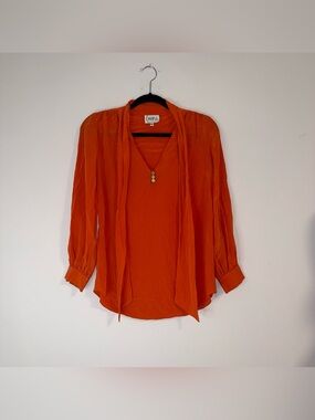 Leona V-Neck Self-Tie Scarf Front Blouse in Bright Blood Orange